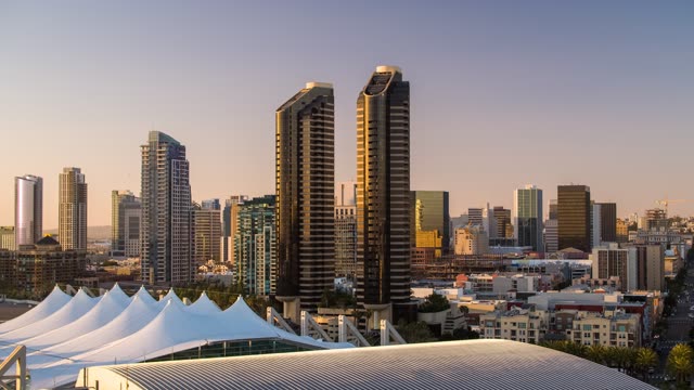 Elevated view of the downtown streets, the skyline and homes at Embarcadero.