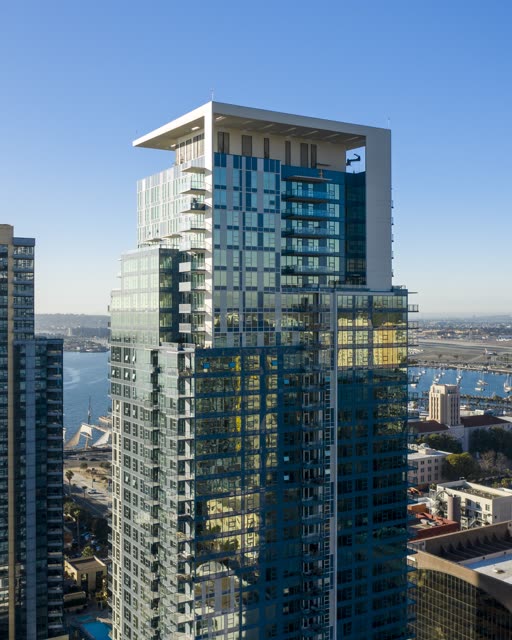 Aerial view of the downtown streets, the skyline and boats at Waterfront.