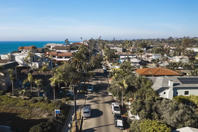 Low aerial view of a residential street, palm trees and the ocean in Encinitas.