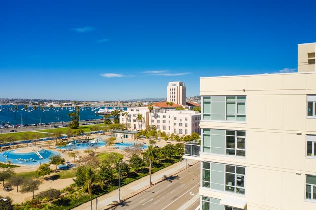 Elevated view of the downtown streets, boats and palm trees at Waterfront.