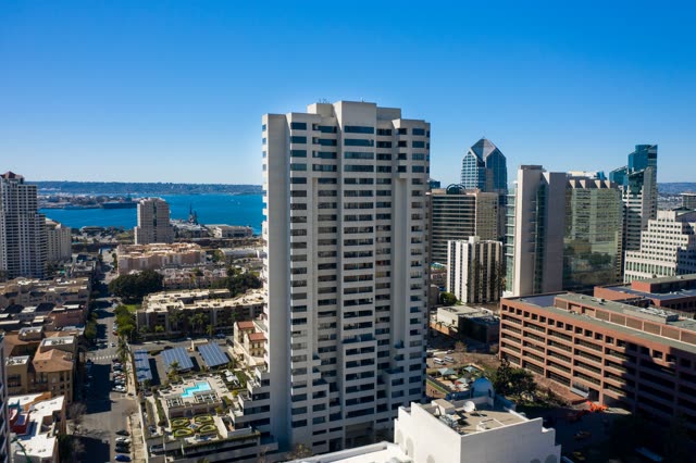 Aerial view of the downtown streets, the skyline and the bay at San Diego Marina.