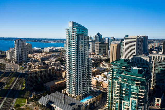 Aerial view of the downtown streets, the skyline and the bay at San Diego Marina.