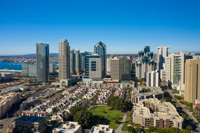 Aerial view of the downtown streets, the skyline and the bay at San Diego Marina.
