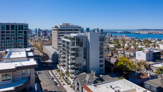 Aerial view of the downtown streets, the skyline and palm trees at Bankers Hill.