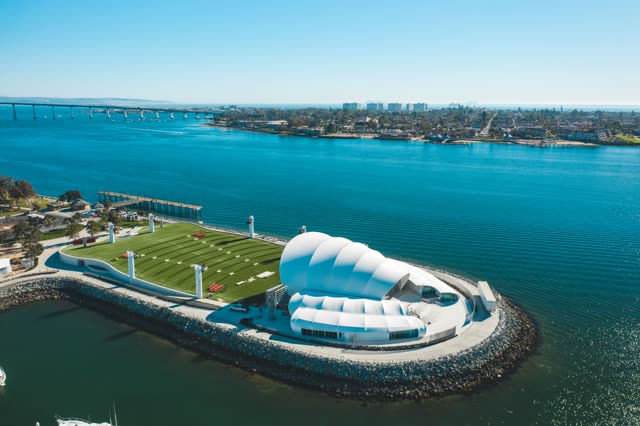 Aerial view of the harbor, the bridge and boats at Embarcadero.