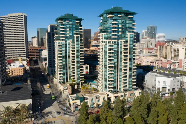 Aerial view of the downtown streets, the skyline and palm trees at San Diego Marina.