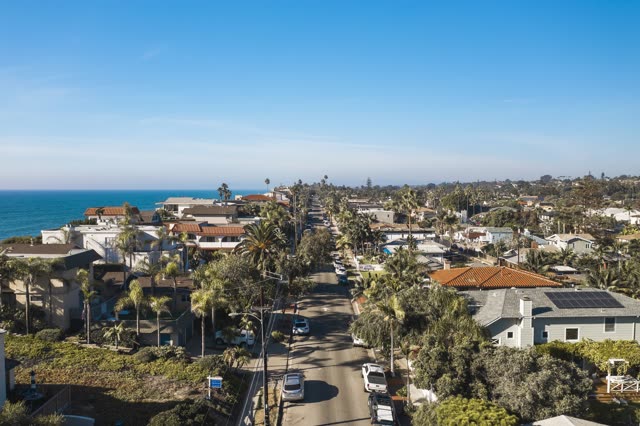 Low aerial view of a residential street, palm trees and the ocean in Encinitas.