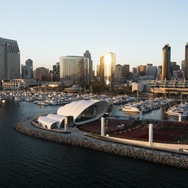 Aerial view of the harbor, the skyline and boats at San Diego Marina.