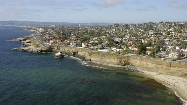 Aerial view of the cliffs, the ocean and homes at Sunset Cliffs.