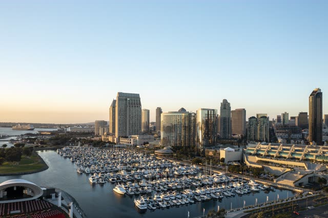Downtown San Diego Skyline the Convention Center and the Marina During Sunset | Drone Photo