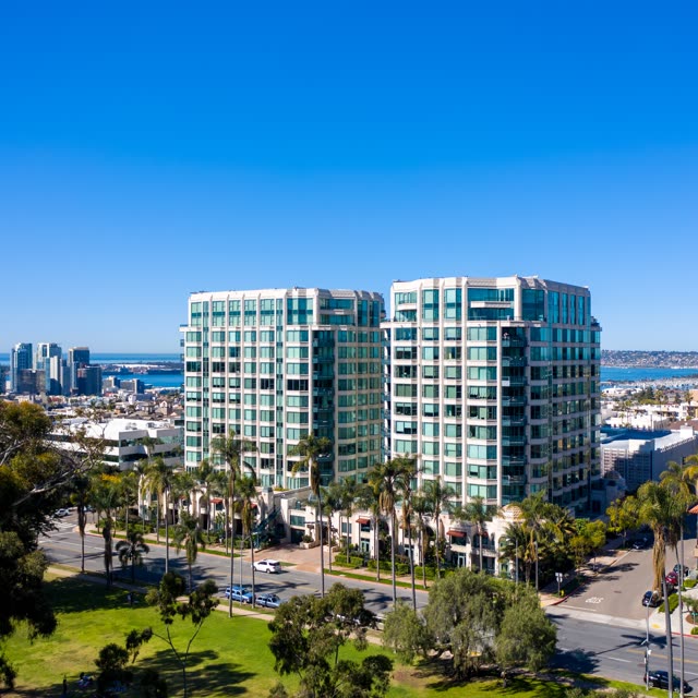 Aerial view of the downtown streets, the skyline and palm trees at Bankers Hill.