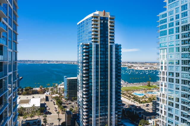 Aerial view of the downtown streets, the skyline and boats at Waterfront.
