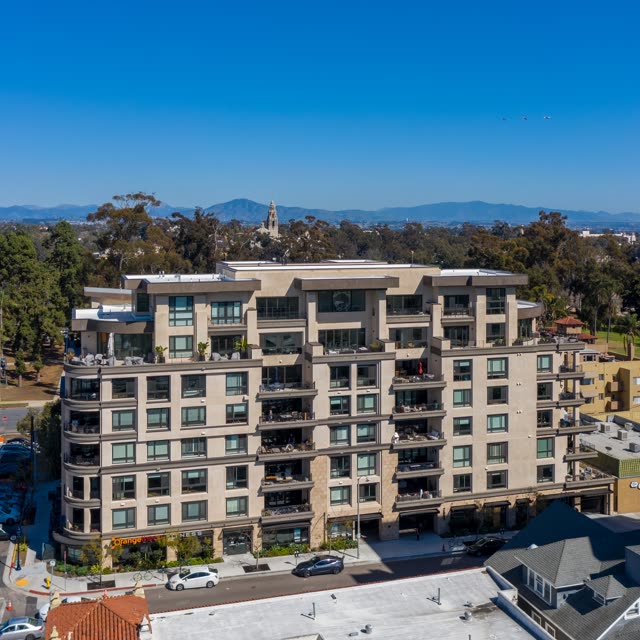 Aerial view of the downtown streets, homes and the buildings at Bankers Hill.