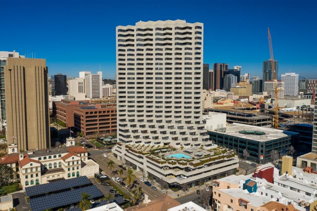 Aerial view of the downtown streets, the skyline and palm trees at San Diego Marina.