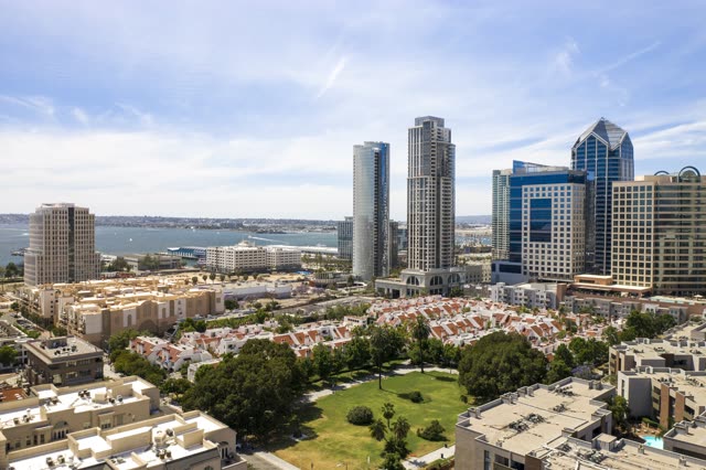 Aerial view of the downtown streets, the skyline and boats at San Diego Marina.