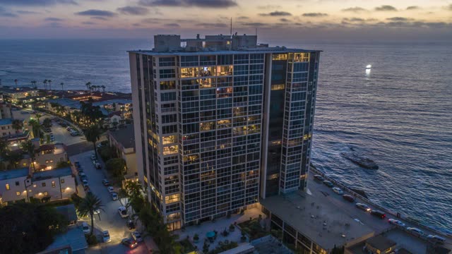 Aerial view of the beach, palm trees and the ocean at La Jolla Cove.