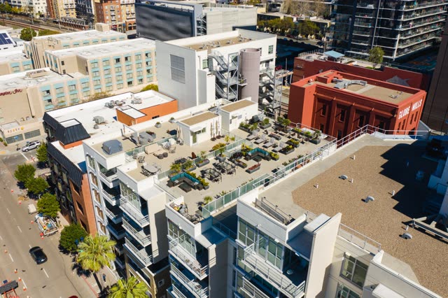 Aerial view of the downtown streets, homes and the buildings at Waterfront.