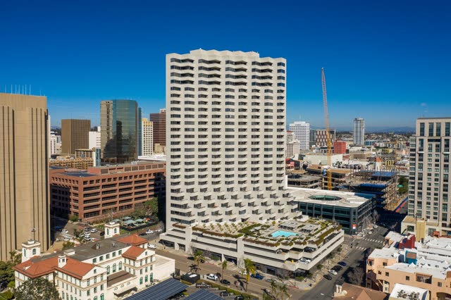 Aerial view of the downtown streets, the skyline and palm trees at San Diego Marina.