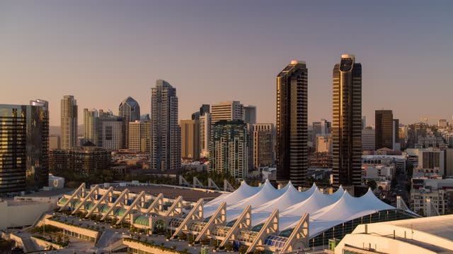Aerial view of the downtown streets, the skyline and the buildings at Embarcadero.