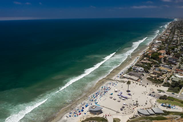 Aerial view of the beach, the surf and palm trees at Moonlight Beach, with a crowd gathered.