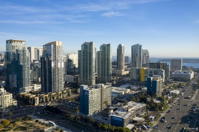 Aerial view of the downtown streets, the skyline and palm trees at Waterfront.