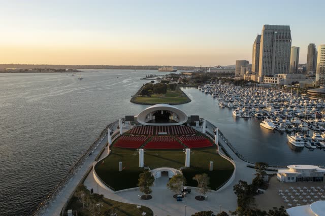 Aerial view of the harbor, the skyline and boats at San Diego Marina.