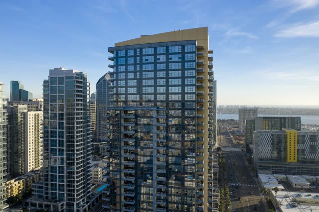 Aerial view of the downtown streets, the skyline and the bay at Waterfront.