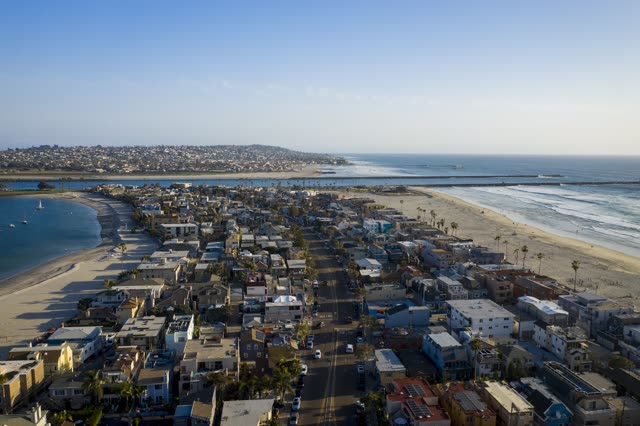 Aerial view of the beach, boats and palm trees in Mission Bay.