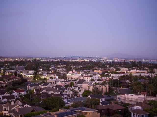 Aerial view of a residential street, the bridge and the bay at Coronado Bridge.