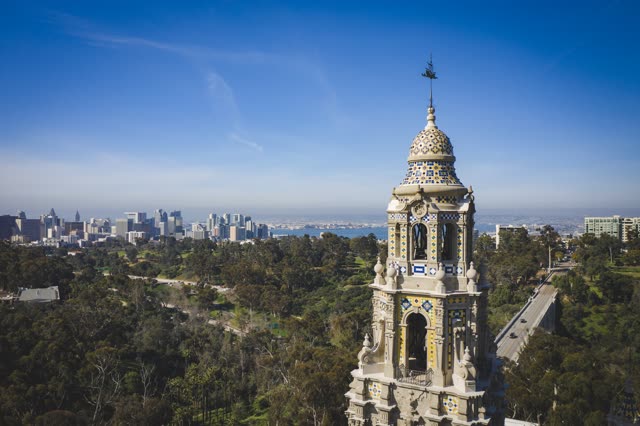Aerial view of a park, the skyline and the bay in Balboa Park.