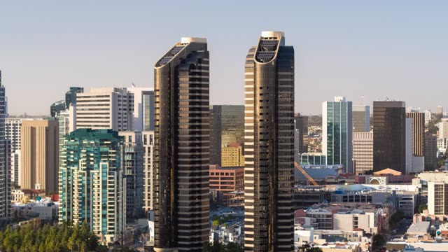 Aerial view of the downtown streets, the skyline and the buildings at Embarcadero.