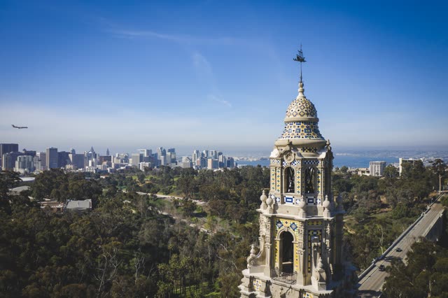 Aerial view of a park, the skyline and the bay in Balboa Park.