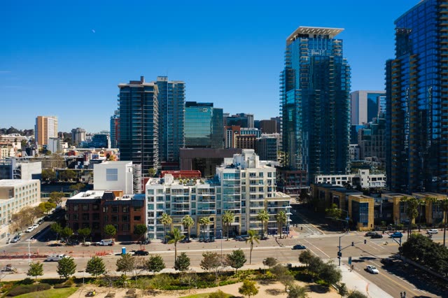 Aerial view of the downtown streets, the skyline and palm trees at Waterfront.