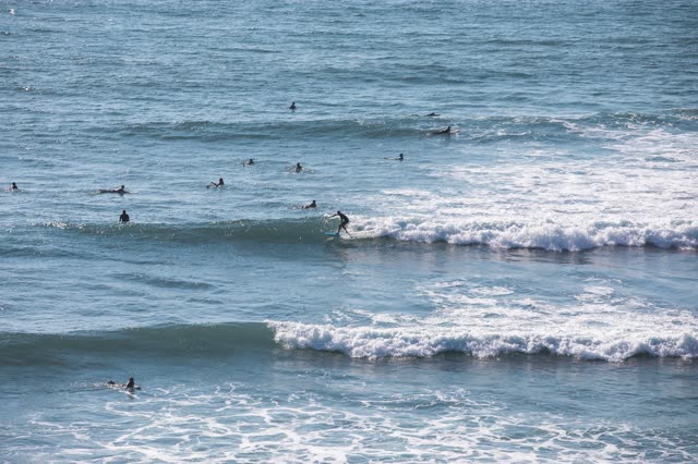 Low aerial view of the beach, the surf and the ocean in Encinitas, with surfers out.