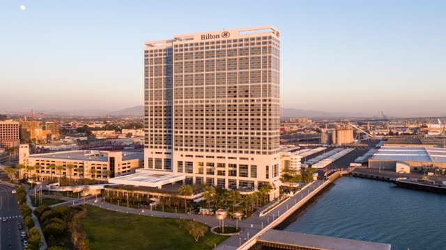 Aerial view of the downtown streets, palm trees and the bay at Embarcadero.