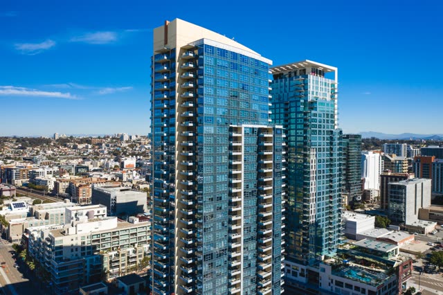 Aerial view of the downtown streets, the skyline and homes at Waterfront.