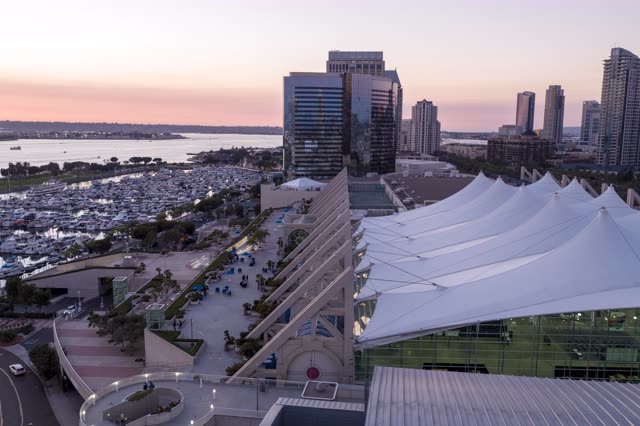 Aerial view of the downtown streets, the skyline and boats at San Diego Marina.