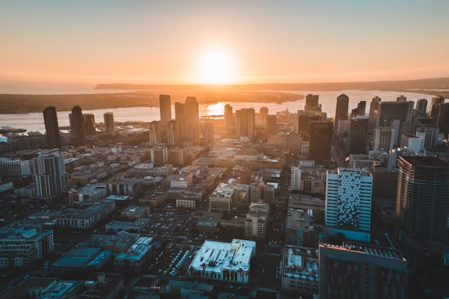 Aerial view of the downtown streets, the skyline and boats at San Diego Marina.