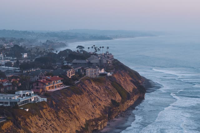 Aerial view of the cliffs, the surf and palm trees in Encinitas.