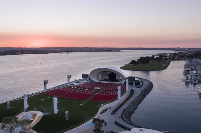 Aerial sunset shot of The Rady Shell Concert and Event Venue on the San Diego Bay Marina District Downtown San Diego | Drone Photo – 12
