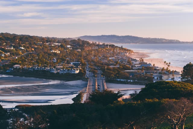 Elevated view of the beach, the bridge and the ocean in Del Mar.