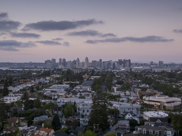 Aerial view of a residential street, the skyline and palm trees at Coronado Bridge.