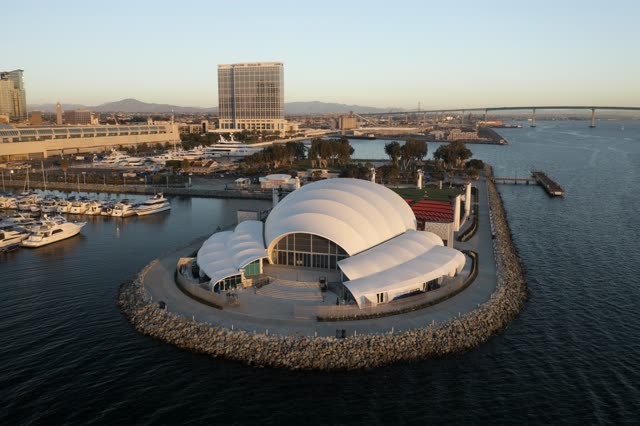 Aerial view of the harbor, the bridge and the skyline at San Diego Marina.
