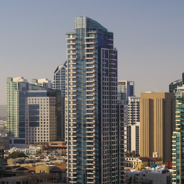 Aerial view of the downtown streets, the skyline and the buildings at Embarcadero.