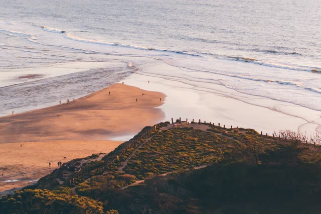 Aerial view of the beach, the surf and the ocean in Del Mar, with people walking.