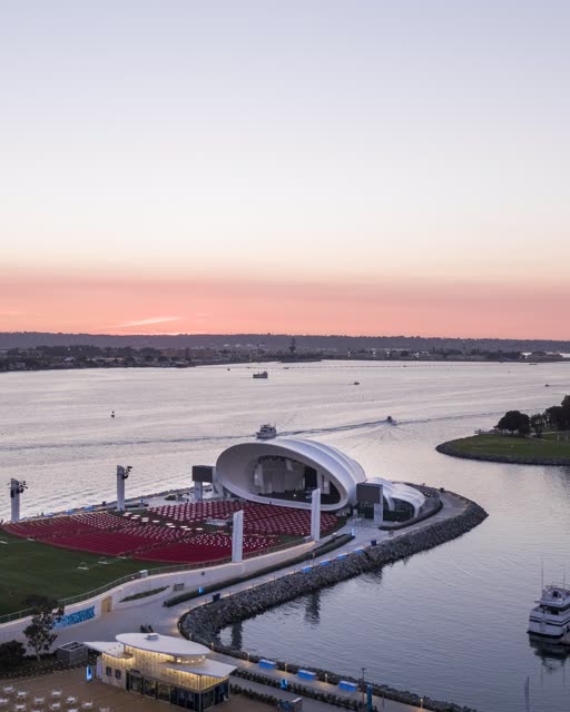 Aerial view of the harbor, boats and the bay at San Diego Marina.