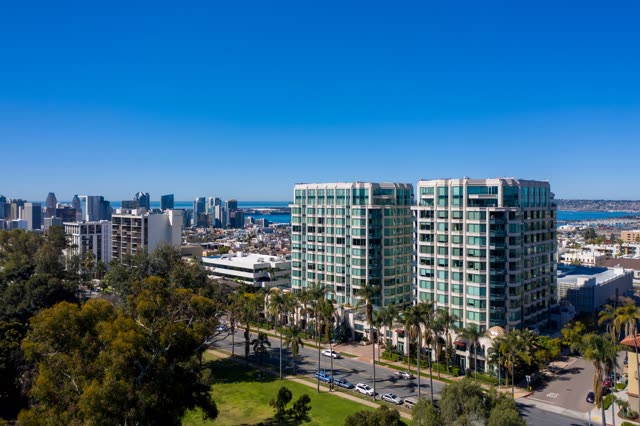 Aerial view of the downtown streets, the skyline and palm trees at Bankers Hill.