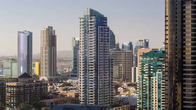 Aerial view of the downtown streets, the skyline and the buildings at Embarcadero.