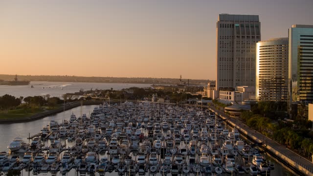 Aerial view of the harbor, the skyline and boats at Embarcadero.