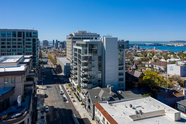 Aerial view of the downtown streets, the skyline and palm trees at Bankers Hill.